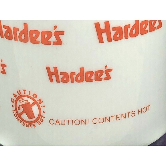 Set of 2 Hardees Caution! Contents Hot Coffee Cup Mug White Orange - Picture 9 of 12